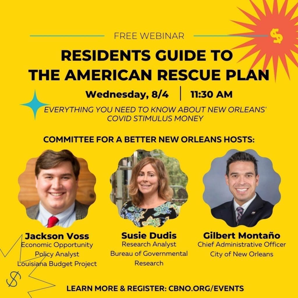 Flier for Committee for a Better New Orleans webinar August 4 2021